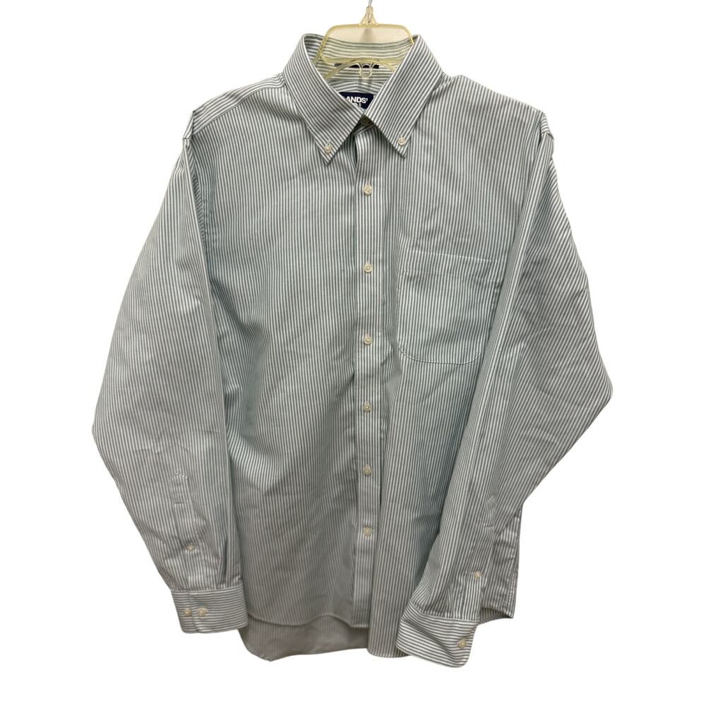 Lands End Mens 15.5 35 Button Up Dress Shirt Green White Plaid Long Sleeve